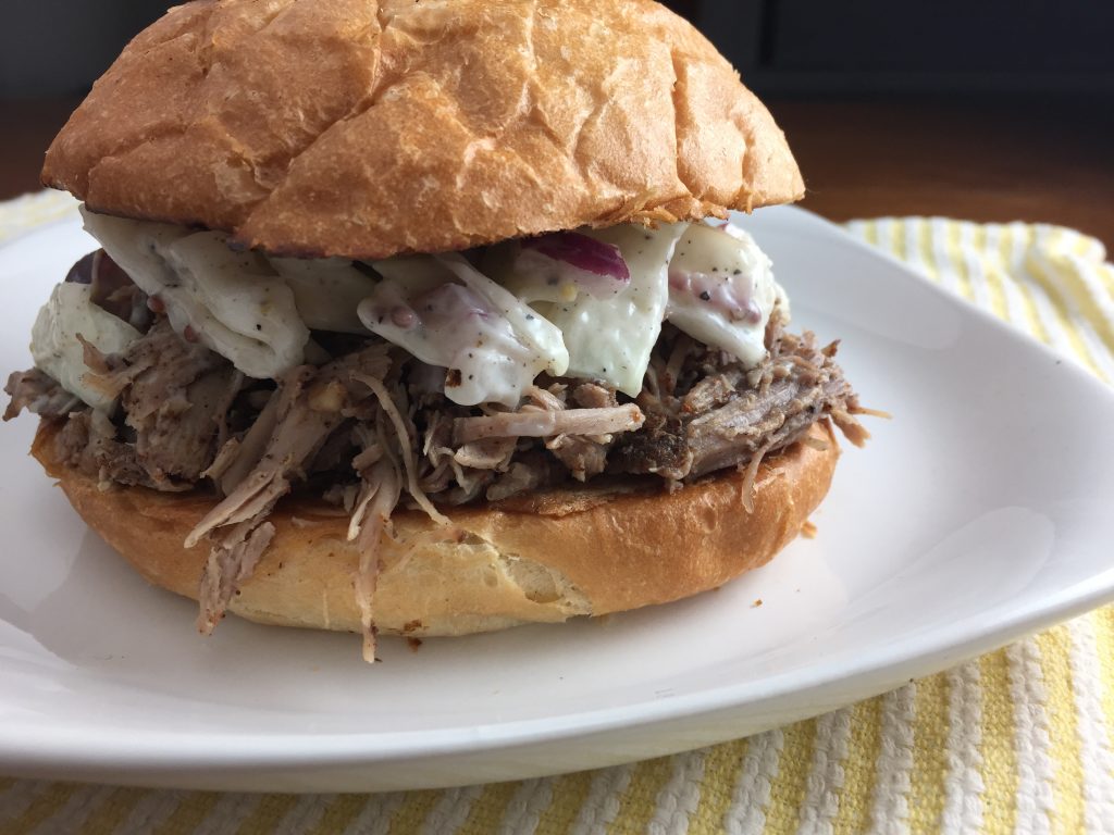 Pulled pork sandwich with creamy coleslaw from Cooking with Vinyl