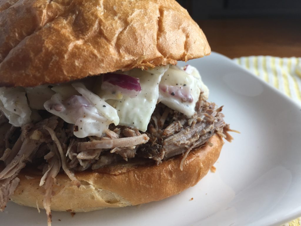 Pulled pork sandwich with creamy coleslaw from Cooking with Vinyl