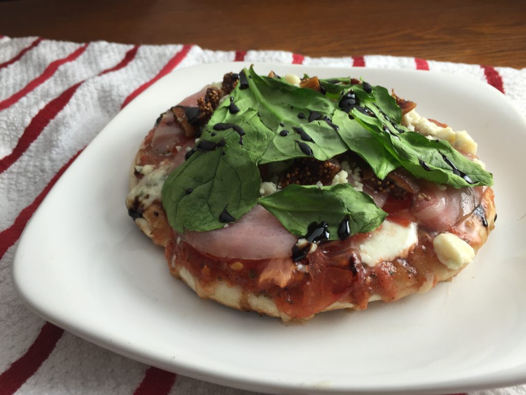 Grilled pizza with fig, pancetta, and gorgonzola from CookingWithVinyl.com