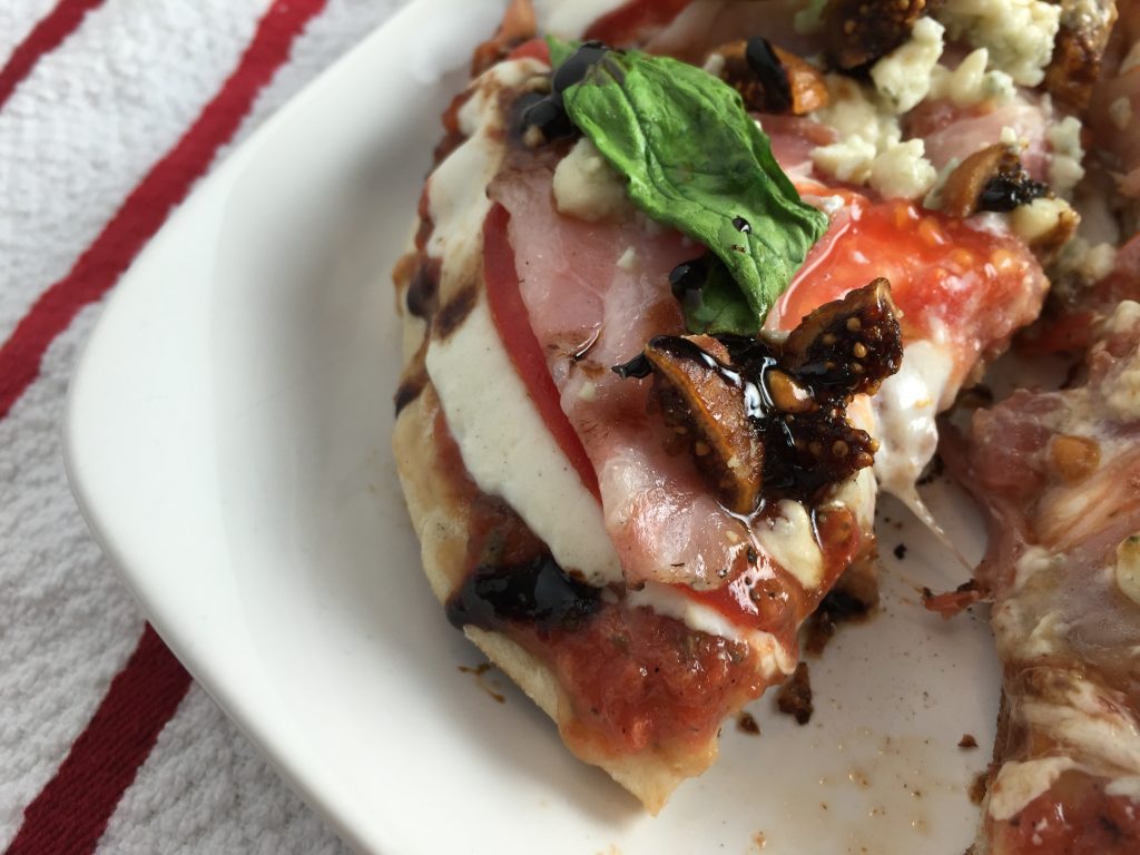 Grilled pizza with fig, pancetta, and gorgonzola from CookingWithVinyl.com