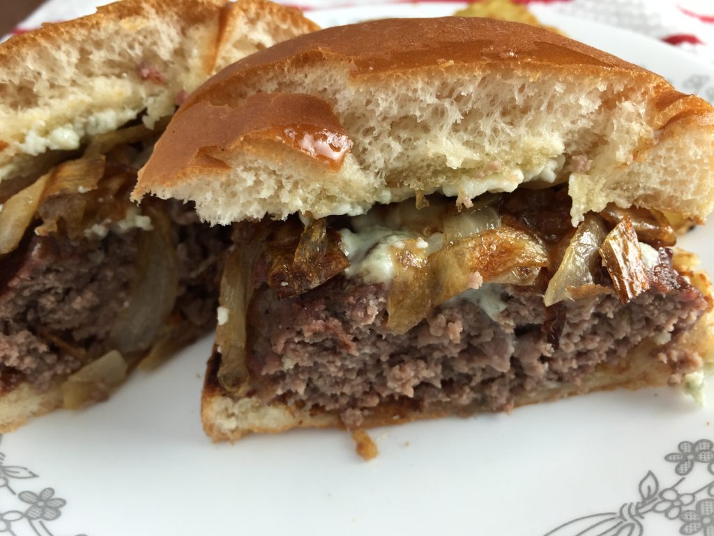 Pepper Jam Burger with Caramelized Onions cut