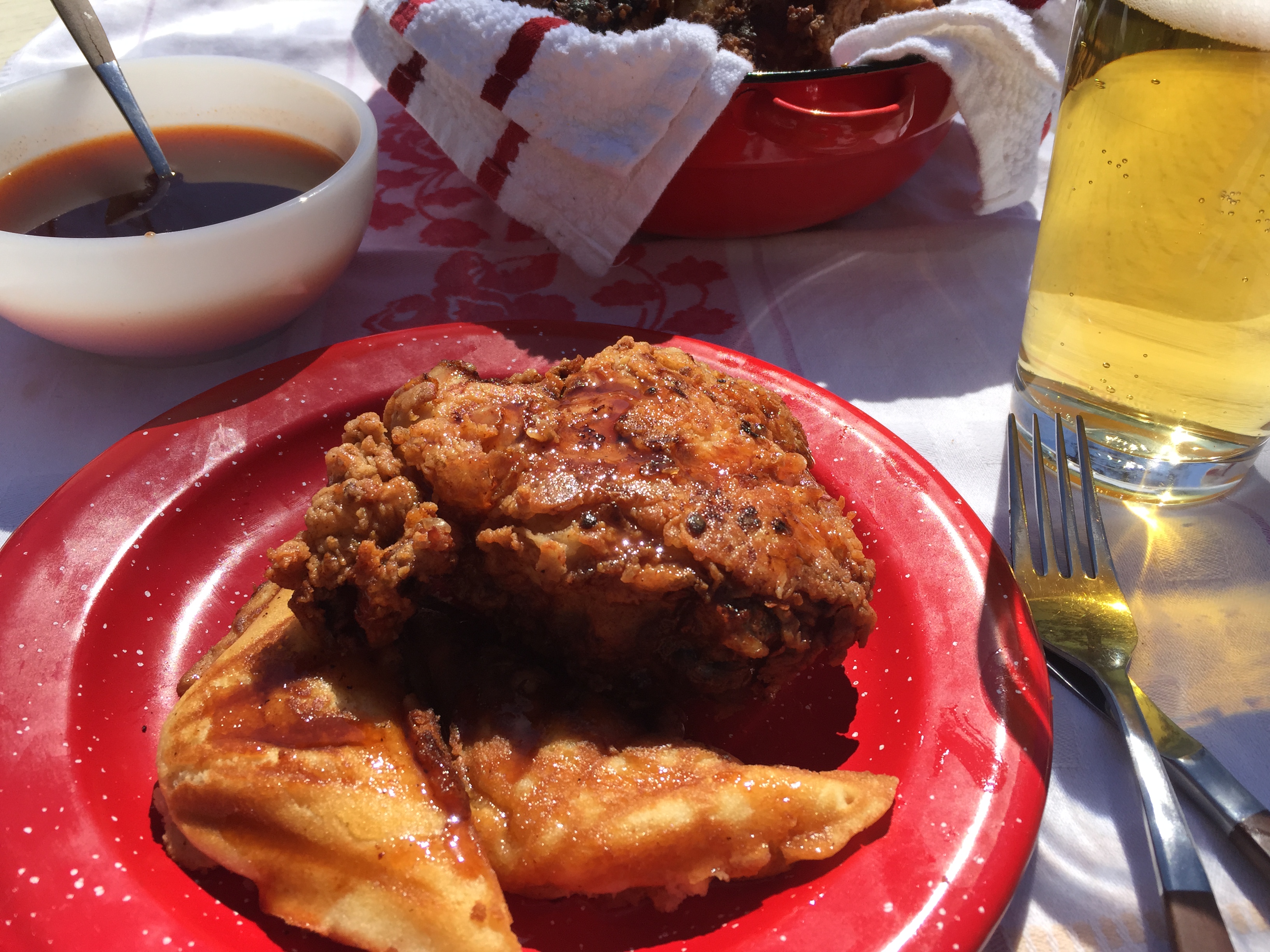 Duet: Fried Chicken and Waffles with Sriracha Syrup / Bronze Radio Return “Up, On & Over”